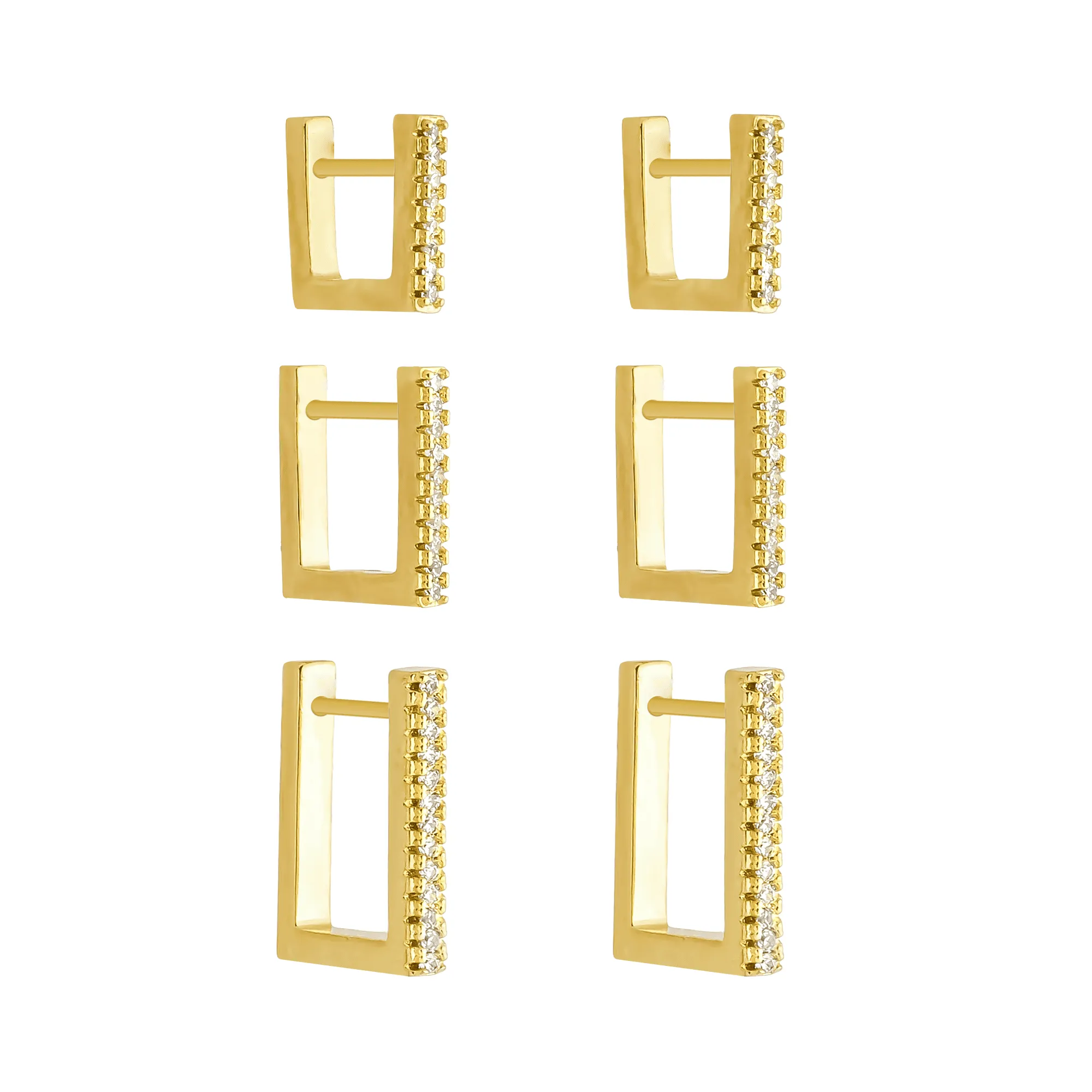 Trio Dourado de Argolinhas Quadradas Cravejadas de Zircônias
